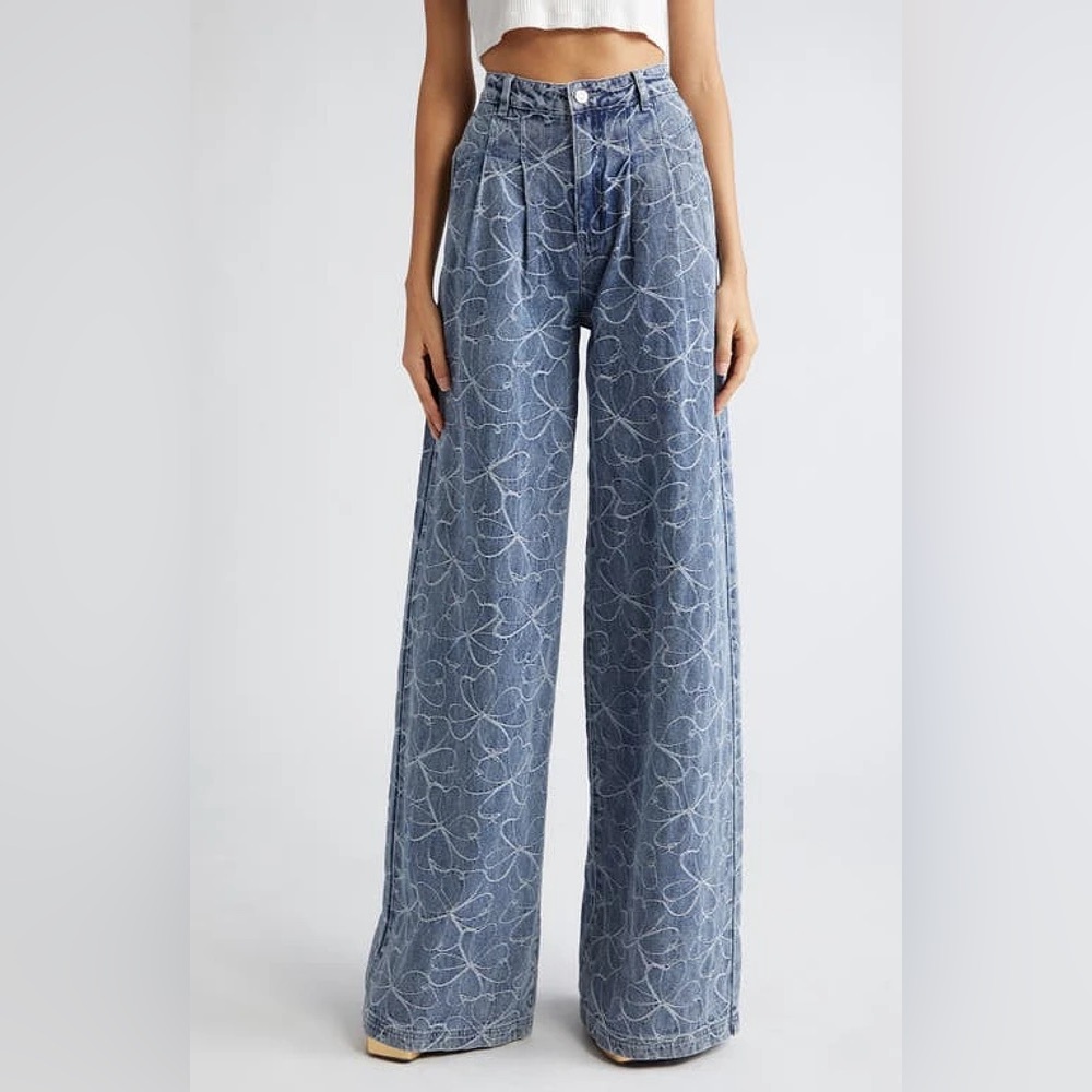Ramy Brook Adley Embroidered Wide Leg Jeans Indigo Embossed Floral Denim 00